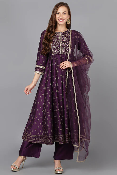 Purple Silk Blend Anarkali Kurta Pant With Dupatta