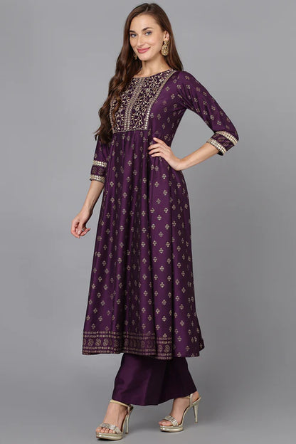 Purple Silk Blend Anarkali Kurta Pant With Dupatta