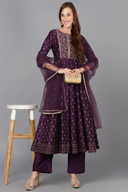 Purple Silk Blend Anarkali Kurta Pant With Dupatta