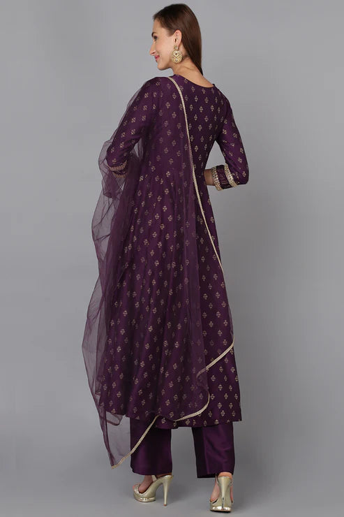 Purple Silk Blend Anarkali Kurta Pant With Dupatta