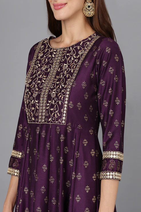 Purple Silk Blend Anarkali Kurta Pant With Dupatta