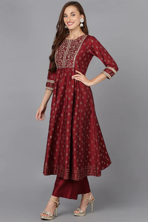 Maroon Silk Blend Anarkali Kurta Pant With Dupatta