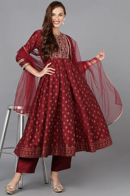 Maroon Silk Blend Anarkali Kurta Pant With Dupatta