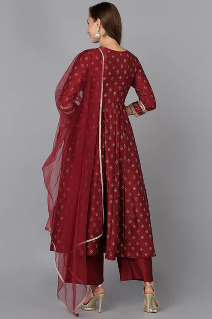 Maroon Silk Blend Anarkali Kurta Pant With Dupatta