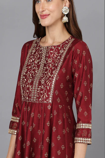 Maroon Silk Blend Anarkali Kurta Pant With Dupatta