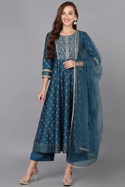 Blue Silk Blend Anarkali Kurta Pant With Dupatta