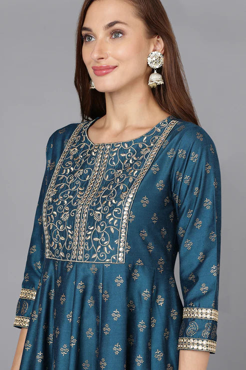 Blue Silk Blend Anarkali Kurta Pant With Dupatta