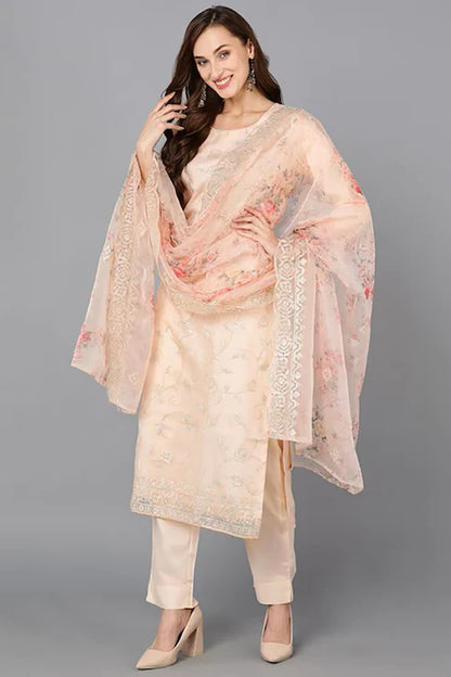 Peach Organza Ethnic Motifs Straight Suit Set