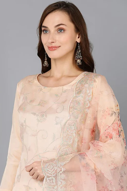 Peach Organza Ethnic Motifs Straight Suit Set