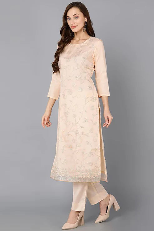 Peach Organza Ethnic Motifs Straight Suit Set