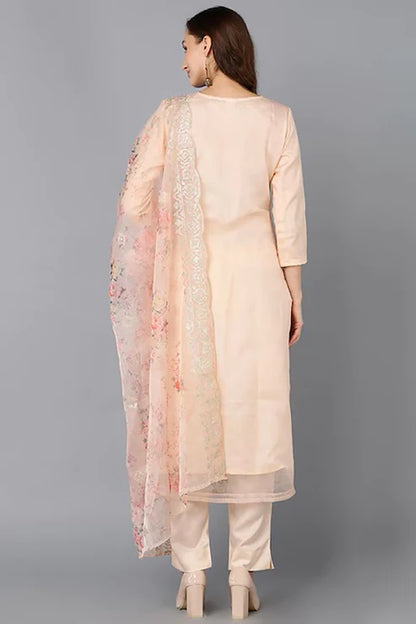 Peach Organza Ethnic Motifs Straight Suit Set