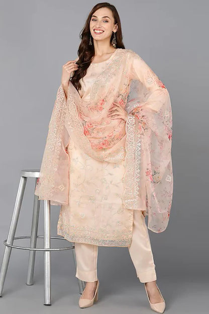 Peach Organza Ethnic Motifs Straight Suit Set