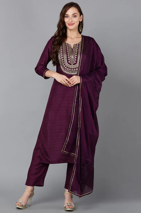 Silk Blend Purple Embroidered Straight Kurta Pant With Dupatta