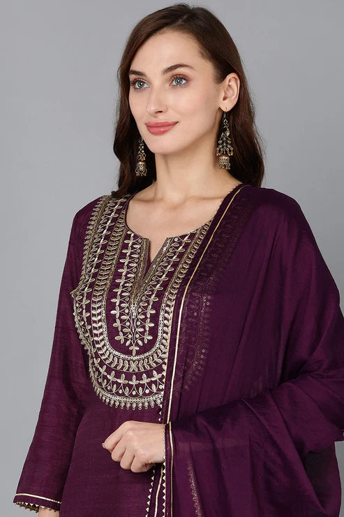 Silk Blend Purple Embroidered Straight Kurta Pant With Dupatta