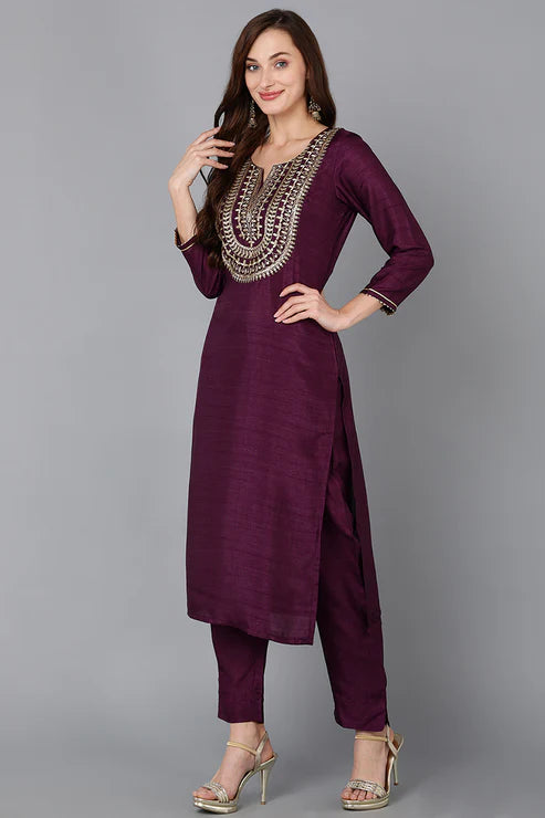 Silk Blend Purple Embroidered Straight Kurta Pant With Dupatta