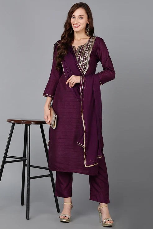 Silk Blend Purple Embroidered Straight Kurta Pant With Dupatta