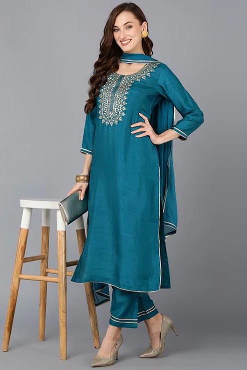 Teal Silk Blend Solid Straight Suit Set