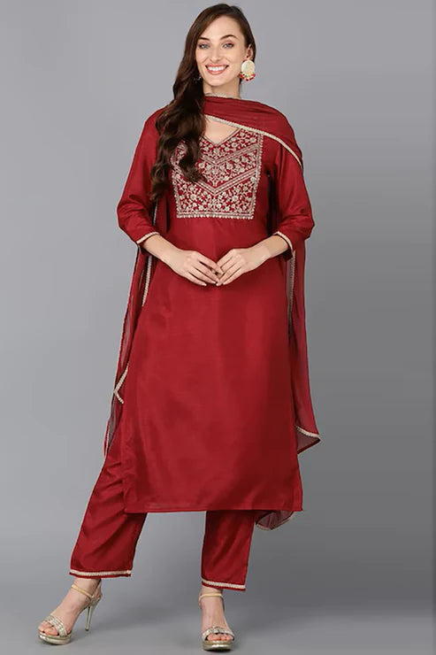 Maroon Silk Blend Solid Straight Suit Set