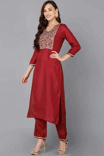 Maroon Silk Blend Solid Straight Suit Set