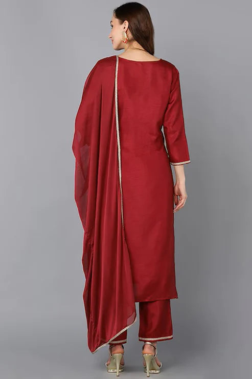 Maroon Silk Blend Solid Straight Suit Set