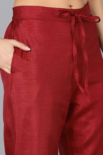 Maroon Silk Blend Solid Straight Suit Set