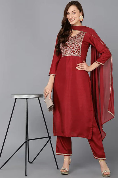 Maroon Silk Blend Solid Straight Suit Set