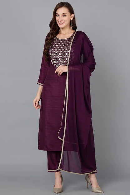 Silk Blend Purple Embroidered Straight Kurta Pant With Dupatta