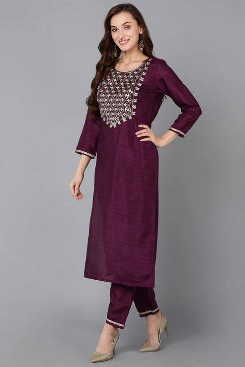 Silk Blend Purple Embroidered Straight Kurta Pant With Dupatta