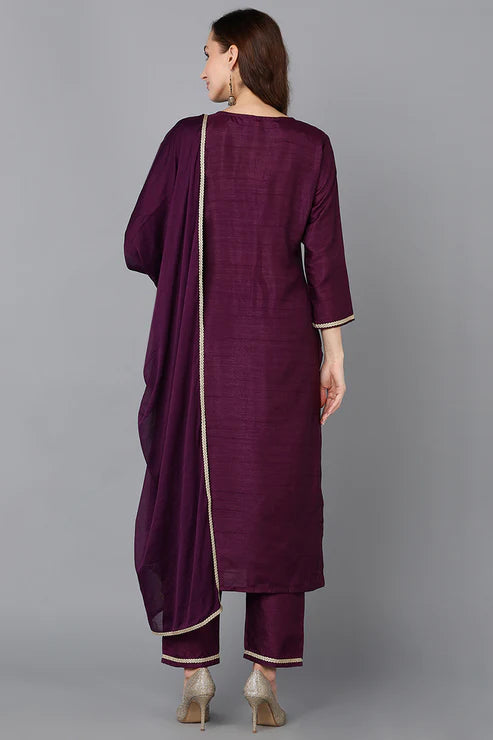 Silk Blend Purple Embroidered Straight Kurta Pant With Dupatta