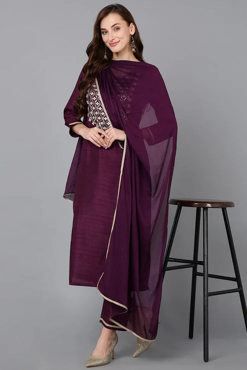 Silk Blend Purple Embroidered Straight Kurta Pant With Dupatta