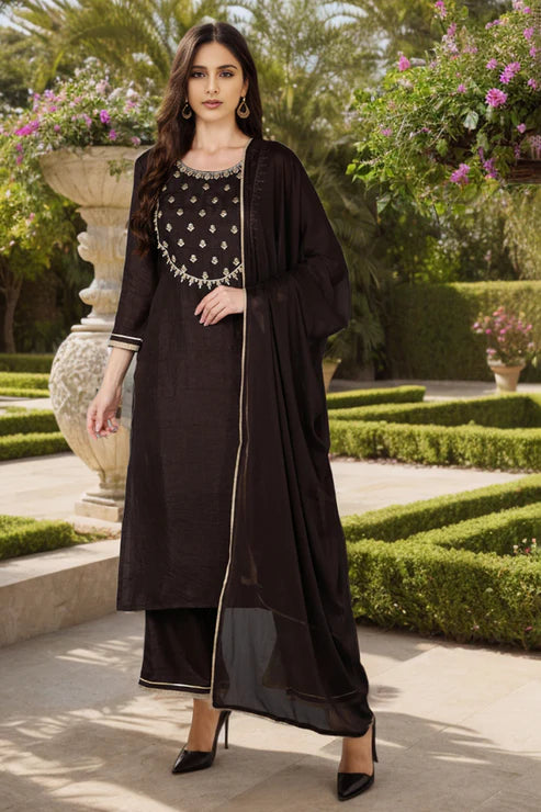 Silk Blend Black Embroidered Straight Kurta Pant With Dupatta