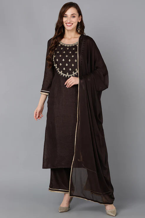 Silk Blend Black Embroidered Straight Kurta Pant With Dupatta