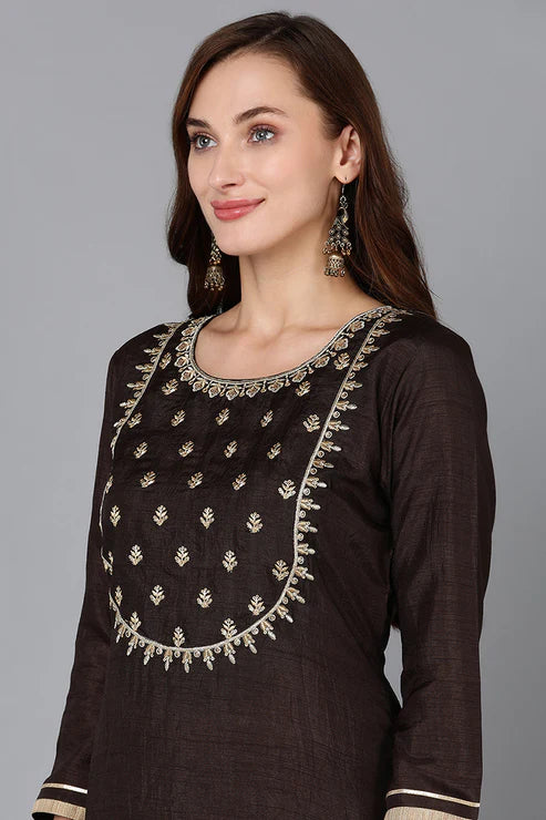 Silk Blend Black Embroidered Straight Kurta Pant With Dupatta