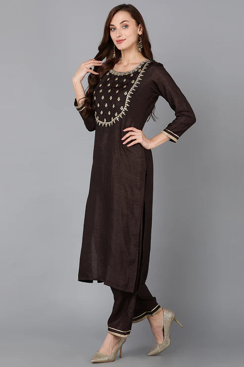 Silk Blend Black Embroidered Straight Kurta Pant With Dupatta