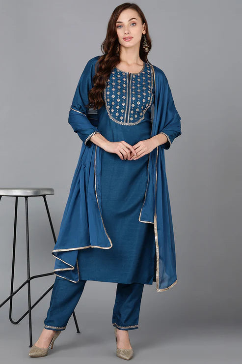 Silk Blend Blue Embroidered Straight Kurta Pant With Dupatta