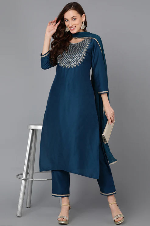 Silk Blend Teal Embroidered Straight Kurta Pant With Dupatta