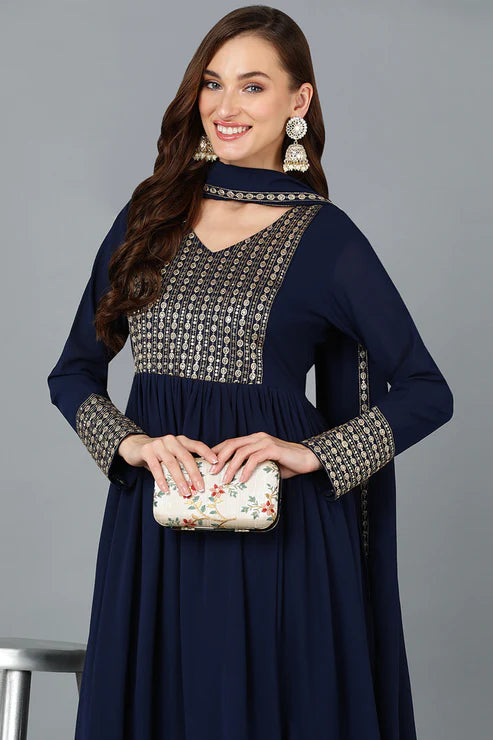 Navy Blue Georgette Sequinned Flared Suit Set