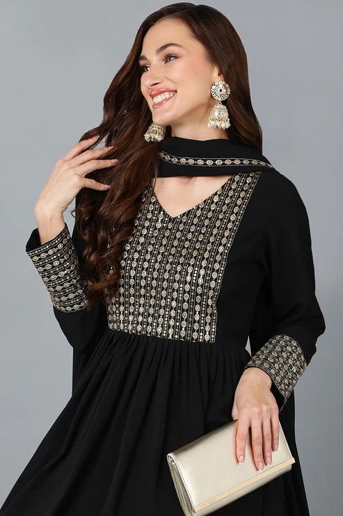 Black Georgette Sequinned Flared Suit Set