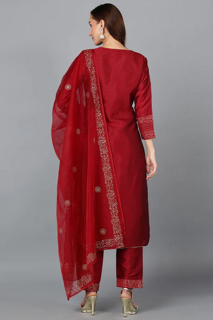 Maroon Silk Blend Yoke Design Kurta Trouser With Dupatta