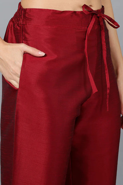 Maroon Silk Blend Yoke Design Kurta Trouser With Dupatta