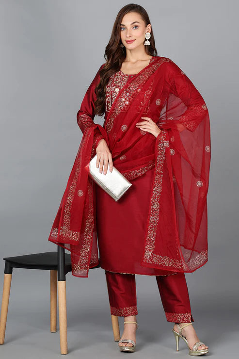 Maroon Silk Blend Yoke Design Kurta Trouser With Dupatta