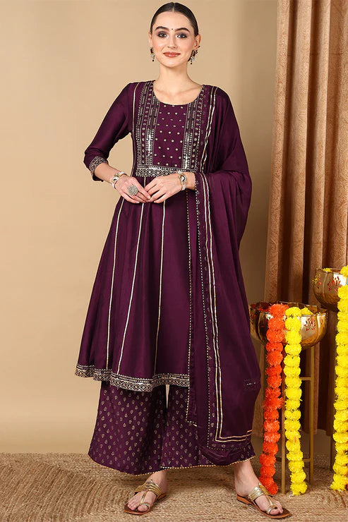 Purple Silk Blend Embroidered Anarkali Suit Set