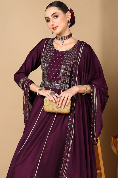 Purple Silk Blend Embroidered Anarkali Suit Set