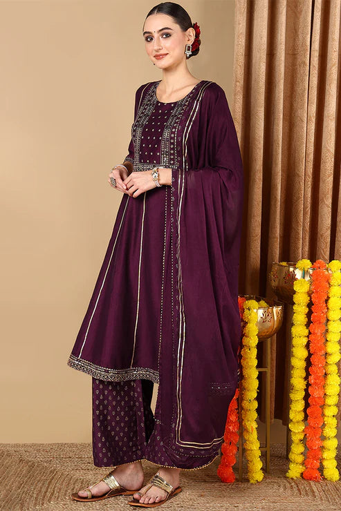 Purple Silk Blend Embroidered Anarkali Suit Set