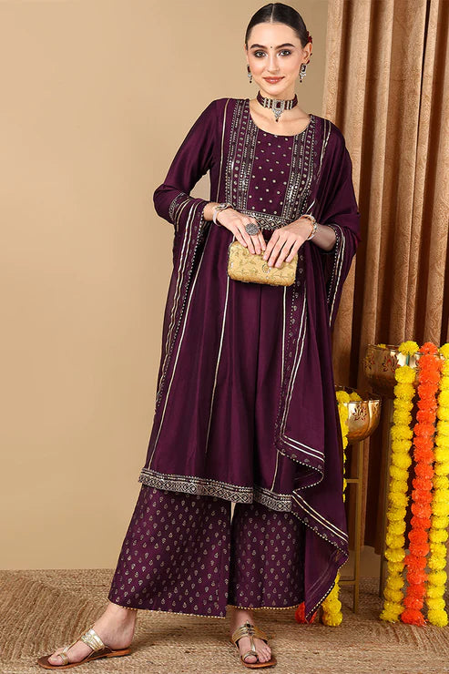 Purple Silk Blend Embroidered Anarkali Suit Set