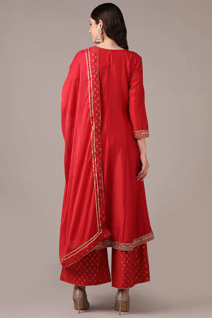 Red Silk Blend Solid Yoke Design Anarkali Style Suit Set