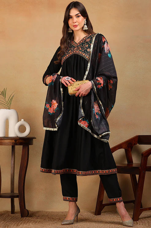 Black Silk Blend Solid Embroidered Flared Empire Suit Set