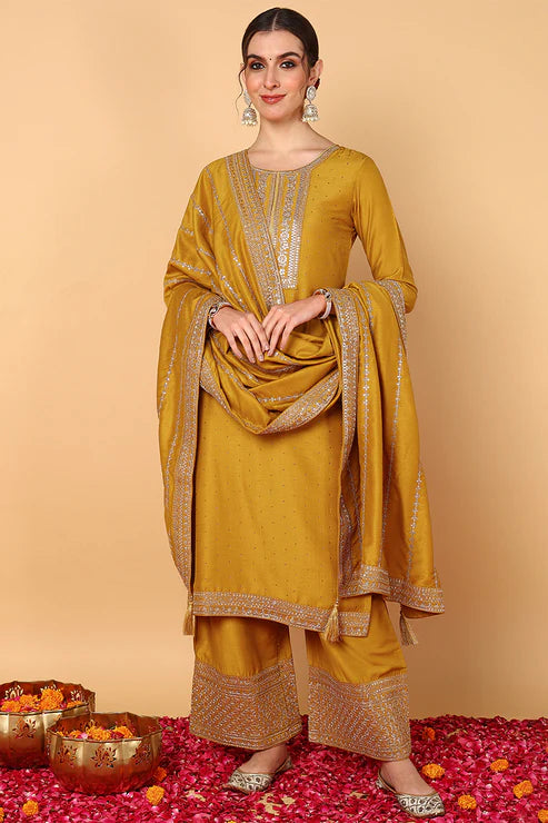 Plus Size Mustard Silk Blend Solid Embroidered Straight Suit Set