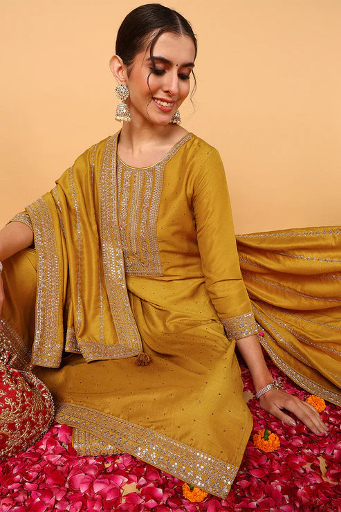 Plus Size Mustard Silk Blend Solid Embroidered Straight Suit Set