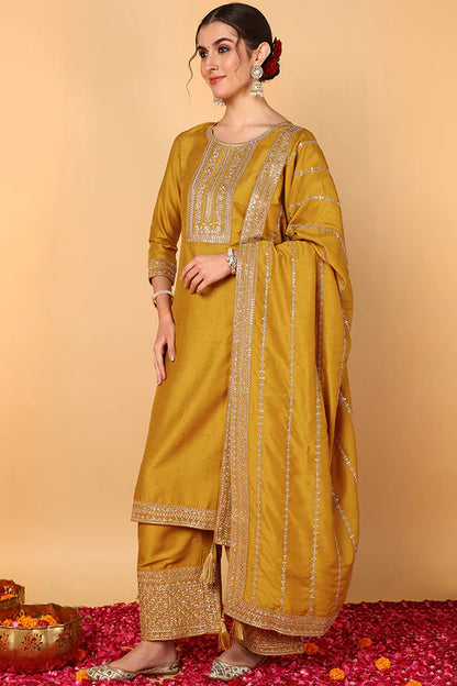 Plus Size Mustard Silk Blend Solid Embroidered Straight Suit Set